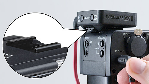 Other equipment easily attaches to the cold shoe on top of the Tascam CA-XLR2d