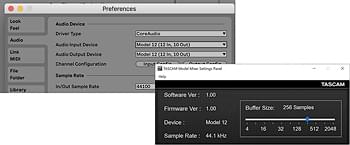 Tascam Model 12 – Settings panel