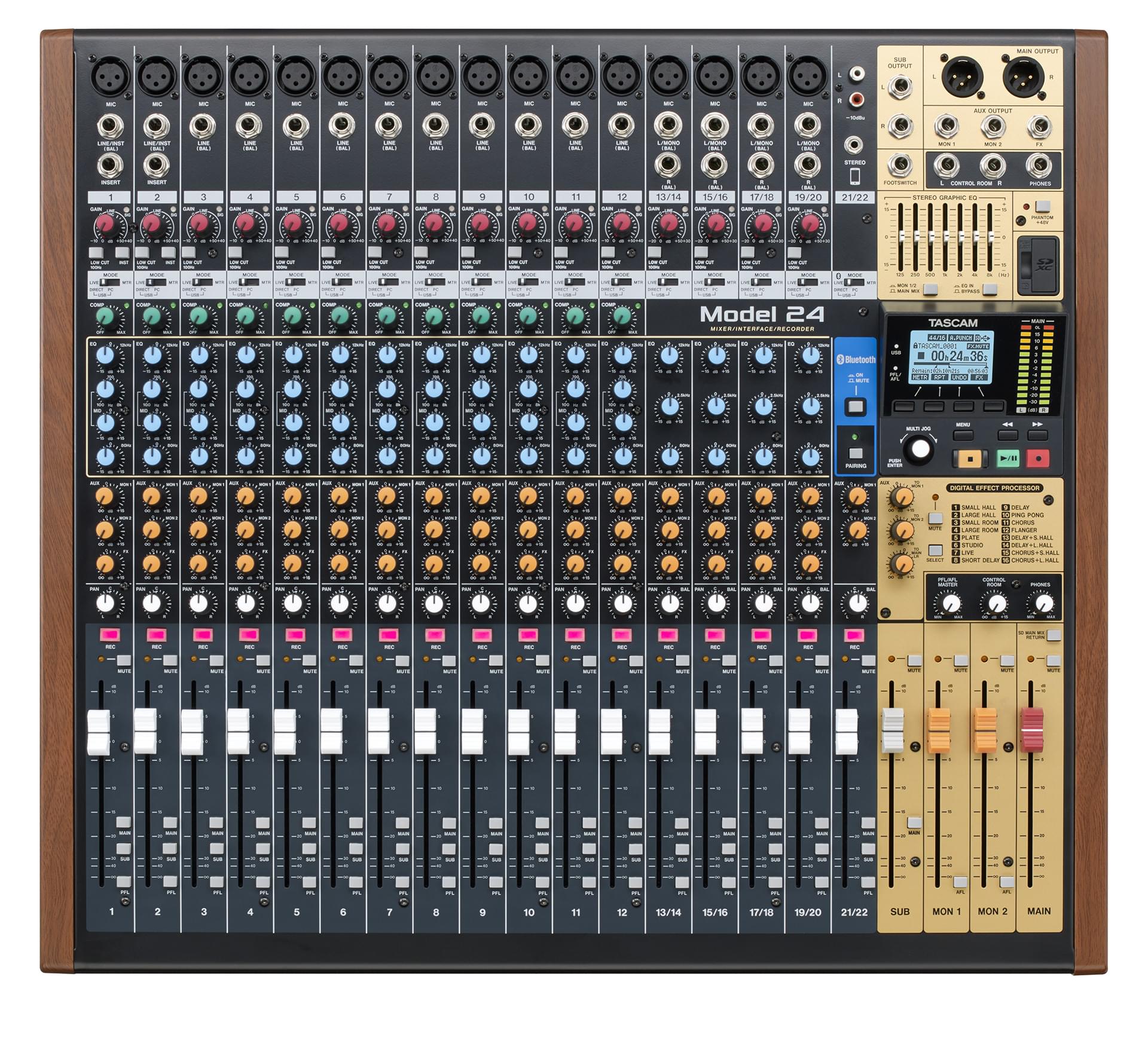 Top view of the Tascam Model 24 Hybrid Recording Console