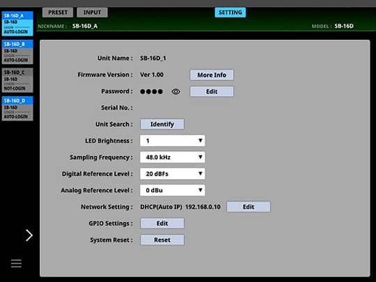 Tascam SB-16D: ekran ustawień głównych