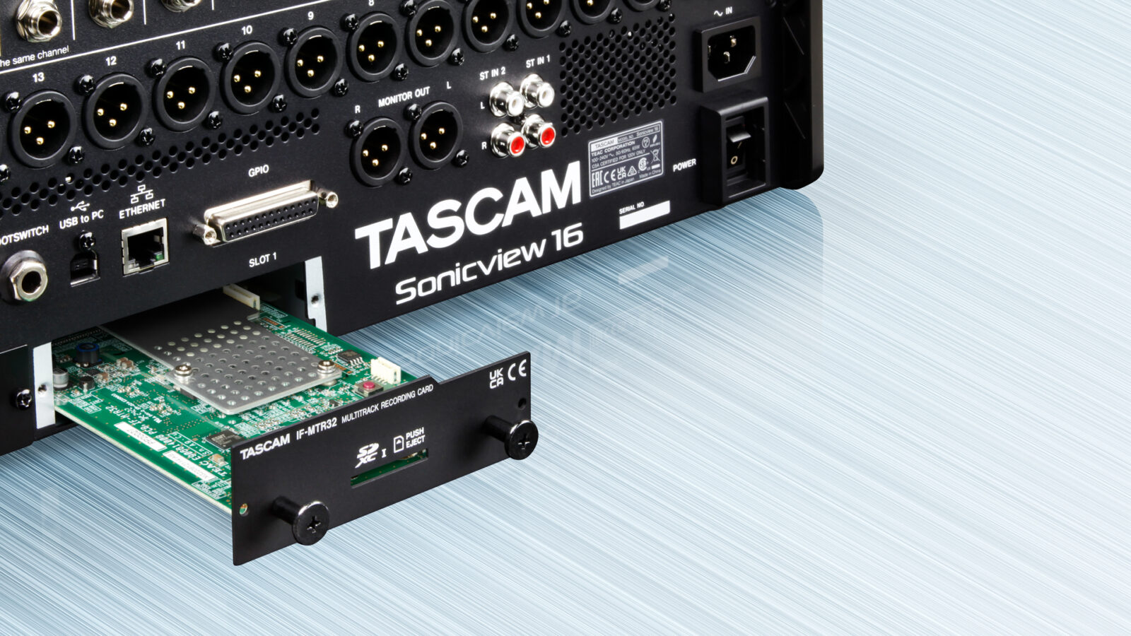 Tascam Sonicview rear side showing expansion slot for additional I/O cards
