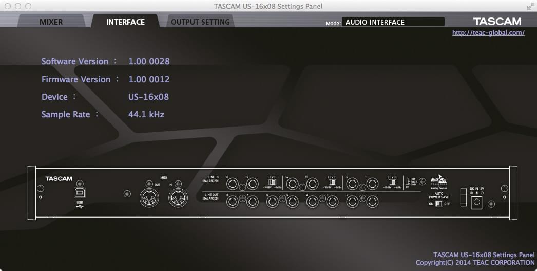 Mac Settings Panel – Interface | Tascam US-16x08