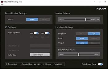 Einstellungsfeld für das Tascam US-1x2HR