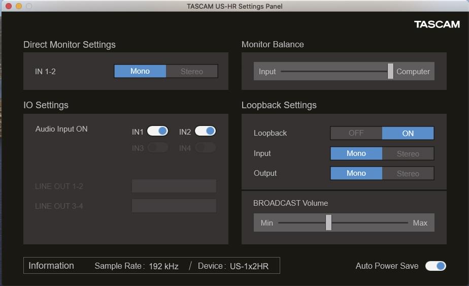 Mac Settings Panel | Tascam US-1x2HR