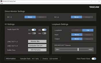 Software settings panel for the Tascam US-2x2HR/US-4x4HR