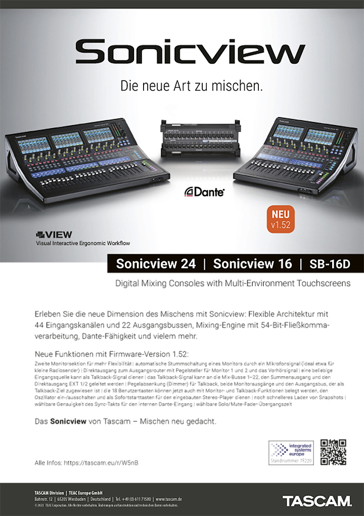 Tascam-Anzeige | Sonicview – Neue Funktionen mit v1.52